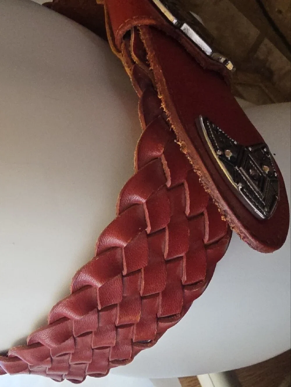 Woven Leather Western-Style Women's Belt in Maroon with Silver Buckle Accents